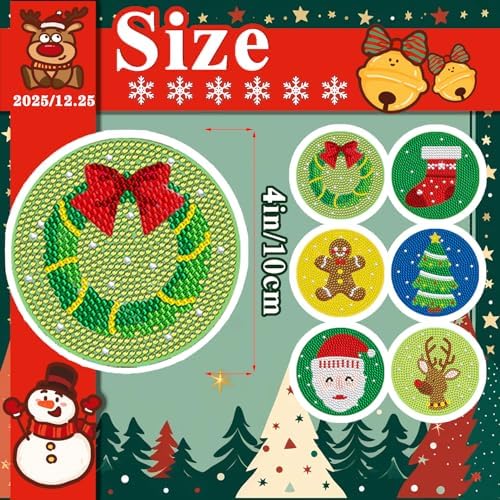 DOTSOPS 6 Pcs Christmas Diamond Art Kits for Adults - Diamond Art Coasters with Holder for Adults Beginners Diamond Craft for Christmas Birthday Gifts