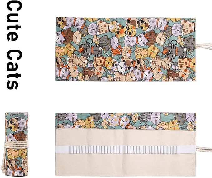 DIYOMR 24/36/72 Slots Pencil Wrap Pencil Rolls, Artist Colored Pencils Roll Up Bag Short Brushes Pouch Case Pencils Organizer for Drawing Coloring and Sketching, NO PENCILS (Cuddly Cat, 36slots)