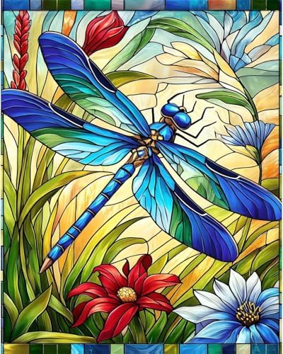 Paint by Numbers Kit for Adults, Dragonfly Stained Glass, 16 x 20 Inch | DIY Adult Paint by Number Kit on Canvas for Beginners, without Frame, Nature Wall Decor, Stress Relief Craft Gift