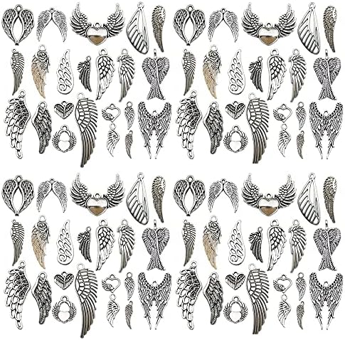 WOCRAFT 120pcs Antique Silver Wing Charms for Jewelry Making Alloy Heart Angel Wing Charms for DIY Crafts (SN013)