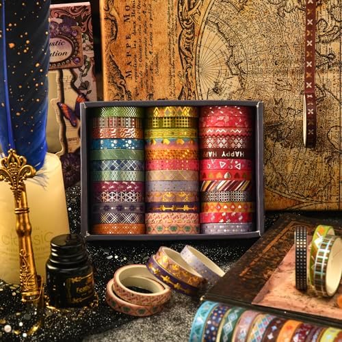 36 Rolls Skinny Washi Tape Set Gold Foil Detailing Arts Adhesive Tapes Basic Patterns Decorative Masking Tape Sets for Craft, Kids, Scrapbook, DIY, Gift Wrapping (Kawaii)