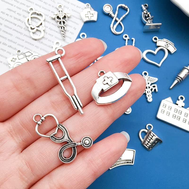 WOCRAFT 120pcs Antique Silver Medical Charms for Jewelry Making Alloy Nurse Medical Charms for DIY Crafts (SN003)