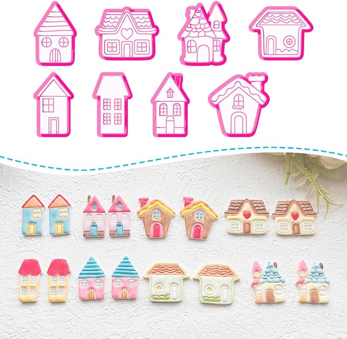 Cozy Cottage Polymer Clay Cutters Set - 8pcs Cute House Shapes for DIY Earring Jewelry, Soft Clay Crafts, Scrapbooking & Miniature Home Decor