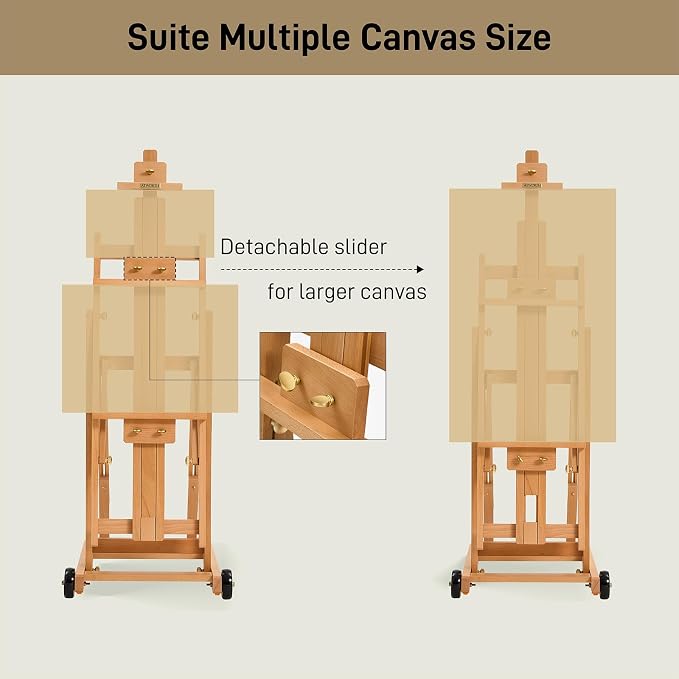 Artist Easel for Painting: Solid Beech Wood Art Easel Stand with Upgrade Hardware-H Frame Hold 2 Canvases up to 78"- Floor Painting Easel for Adults with Wheels