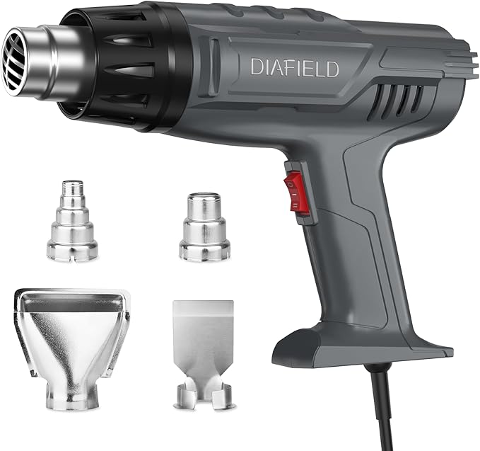 DIAFIELD 1850W Heat Gun with Dual Temperature Settings 572.0 °F & 1202 °F | Fast Heat Hot Air Gun, Durable& Overload Protection, with 4 Nozzles for Shrink Wrap, Vinyl, Crafts, Epoxy Resin