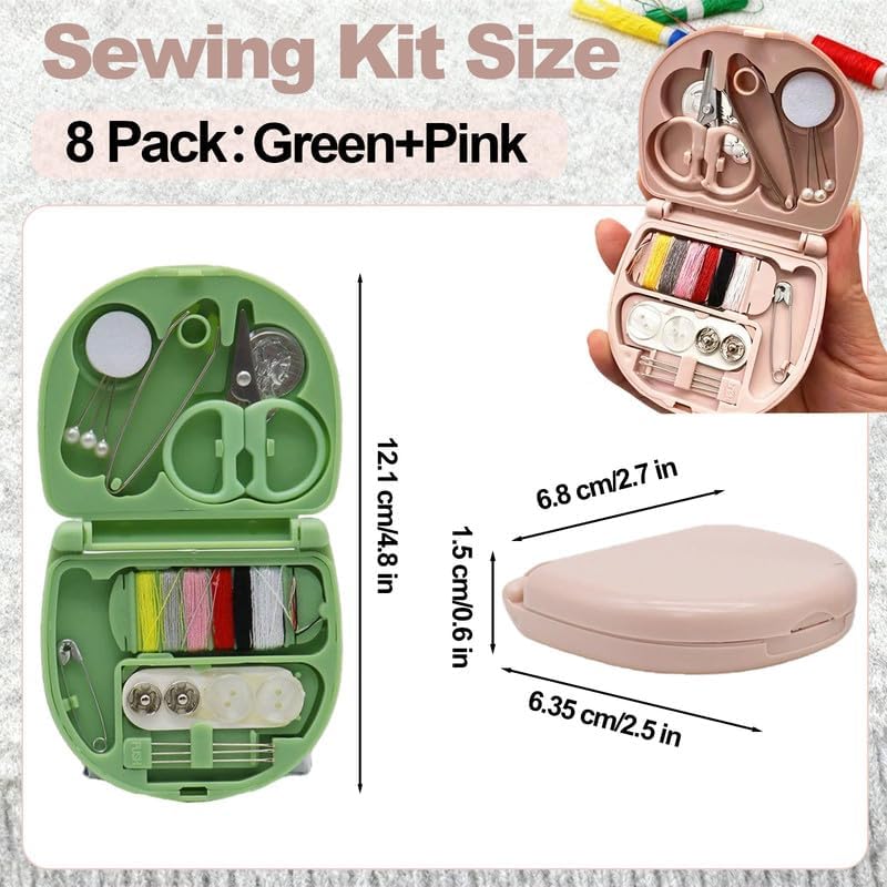 REROON 8 Pack Mini Travel Sewing Kit for Adult & Kid | Portable Sewing Box Kit Bulk | Small Emergency Repair Set with Thread Scissors Needle for Travel, Beginner DIY Handcraft | Pink + Green