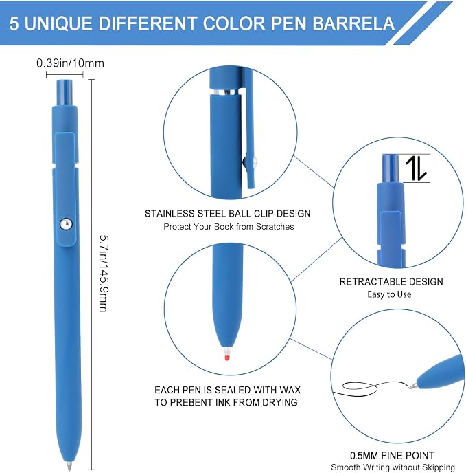 FIOVER Gel Pens 5pcs 0.5mm Quick Dry Black Ink Fine Point Pens