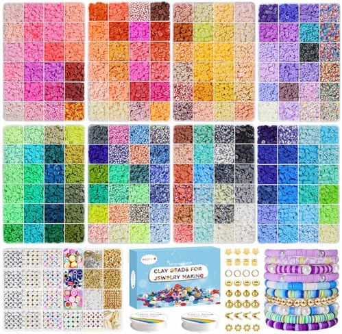 Redtwo 28000 Pcs 192 Colors Clay Beads Bracelet Making Kit | 9-Box Flat Polymer Heishi Bead Set with Charms for Friendship Bracelets and Jewelry Making, Gift for Girls Ages 6–12