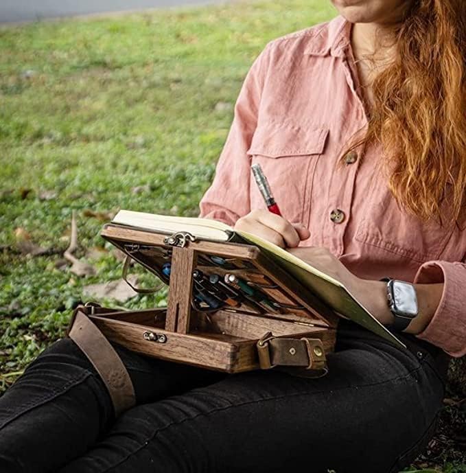 Writers Messenger Wood Box, Multifunctional Wooden Handmade Crossbody Postman Bag Portable Artist Tool Bag Painting Brush Tool Storage Sketch Box Easel for Outdoor Painting (Brown)…