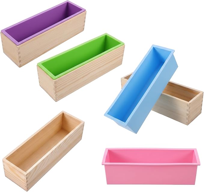 4 Pcs Flexible Rectangular Soap Loaf Mold Silicone Molds with Wood Box 42oz | Soap Making Mollds DIY Tool, for Homemade Soap Making, Purple, Green, Blue, Pink
