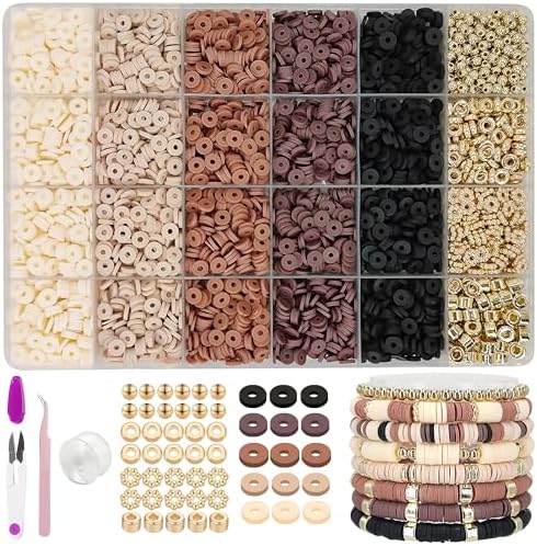 MIIIM Coffee Brown Clay Beads Kit for Bracelets Making, Heishi Beads for Friendship Bracelet, Clay Charms and Gold Spacers for Jewelry Making, Crafts, Concert, Raves, Gifts