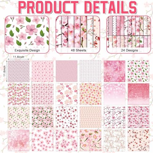 48 Sheets Cherry Blossom Scrapbook Paper,Cherry Blossom Pattern Decorative Scrapbook Paper for Journals DIY Cards and Photo Albums,Aesthetic Craft Supplies
