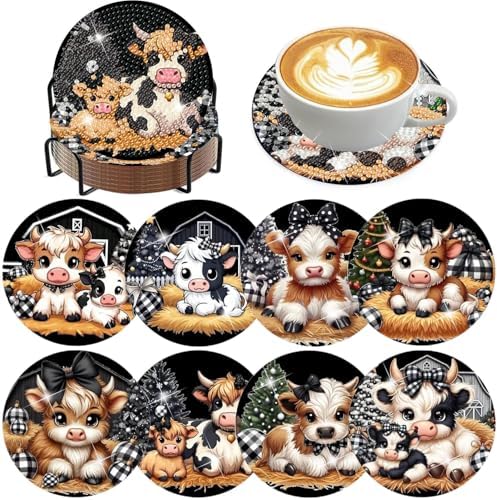 Diamond Art Coasters Kit,8 Pcs Highland Cow Diamond Painting Coasters Kit