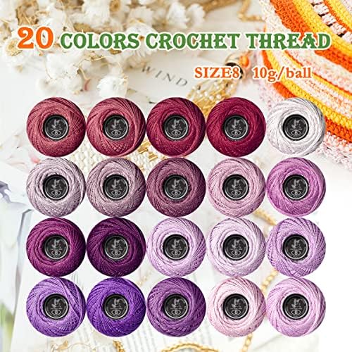 Soft 20 Colors Classic Crochet Thread 20 Pack,100% Cotton (Violet-3726-554)
