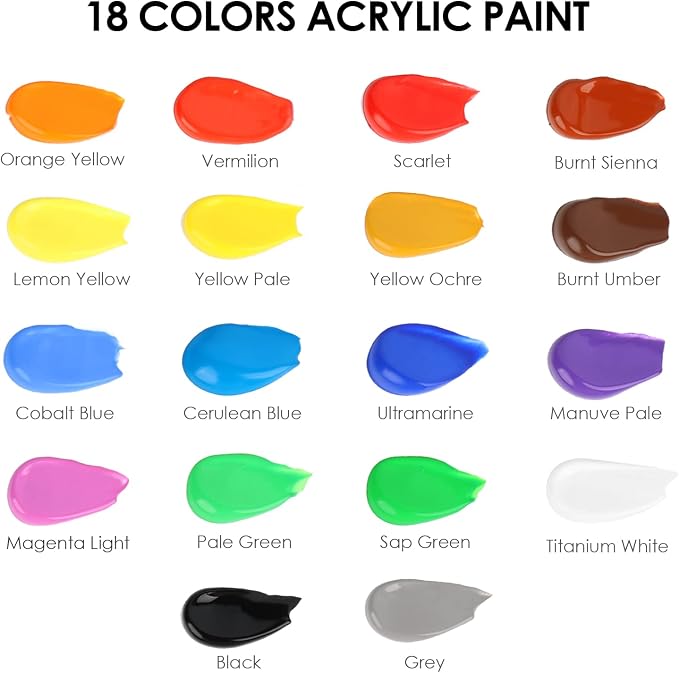GOTIDEAL Acrylic Paint Set with 10 Brushes, 18 Colors (59ml, 2 oz) | Outdoor/Indoor Art Craft Paint, Non Toxic, for Hobby, Artist, Adults, for Canvas Wood Clay Ceramic Paint Supplies