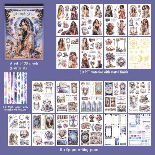 Astrology Sticker Book for Journaling, Pre-Cut Gorgeous Scrapbook Sticker for Adults Women, Transparent PET Washi Paper Materials for Collage Art, Card Making, Junk Journal