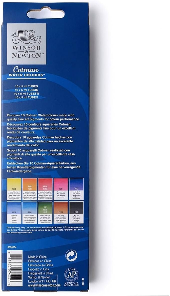 Winsor & Newton Cotman Watercolor Paint Set, 10 Colors, 5ml (0.17-oz) Tubes | Introductory Watercolor made with Fine Art Pigments, Perfect for Beginners, Lightfast & Permanent, Good Tinting Strength