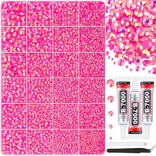 30000Pcs Hot Pink AB Rhinestones for Bedazzling with B7000 Jewelry Glue, Bedazzler Kit Bulk Flatback Gems, Resin Rhinestones for Crafting Crafts Clothing Shoes Nail Art Assorted Size 2/3/4/5/6mm