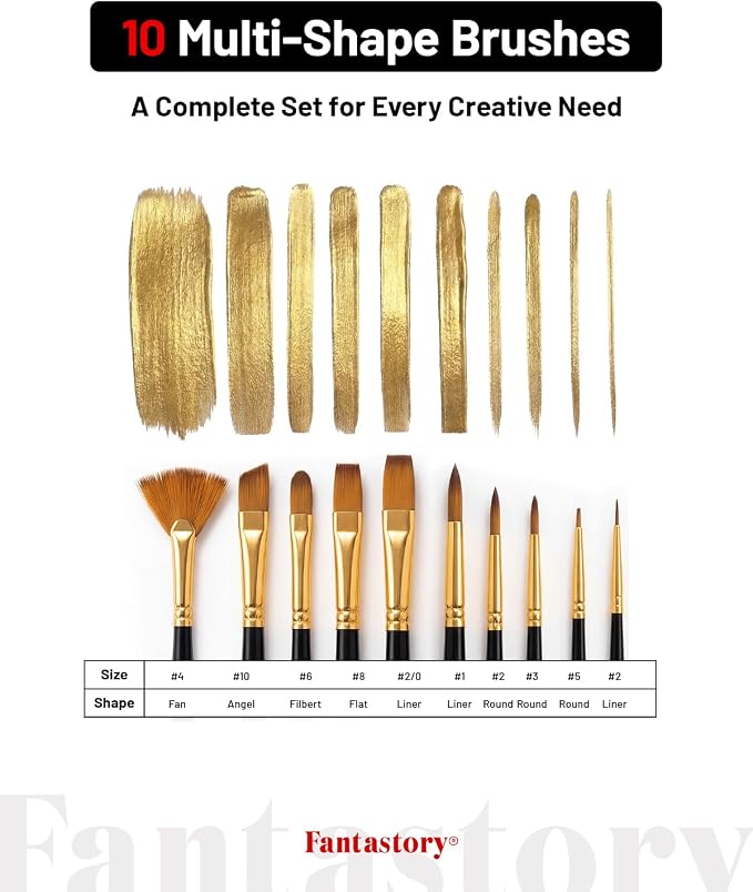 Fantastory 36ml 24 Colors Acrylic Paint Set with 10 Brushes | Excellent Coverage, High Light Fastness, Waterproof, Includes Extra White & Gold, for Canvas, Wood, Ceramics, Models