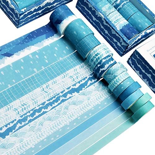 Washi Tape Set of 12 Rolls,Blue Sea Wave Decorative Washi Masking Tape