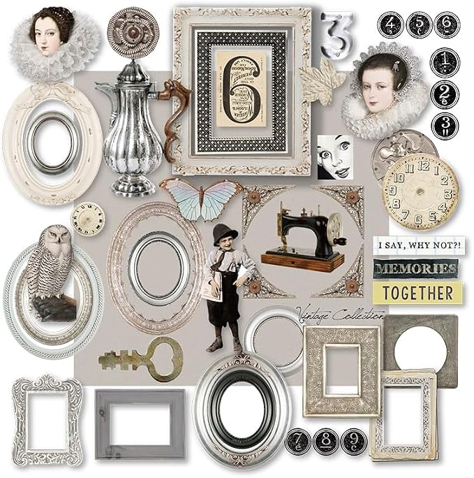 Vintage Junk Journal Items Kit Pre Cut Paper Cards Cutout Cardstock Art Aesthetic Decor Hollow Out Craft Elements Small Embellishments Supplies for Adults Scrapbook Pack (Photo Frame Silvery)
