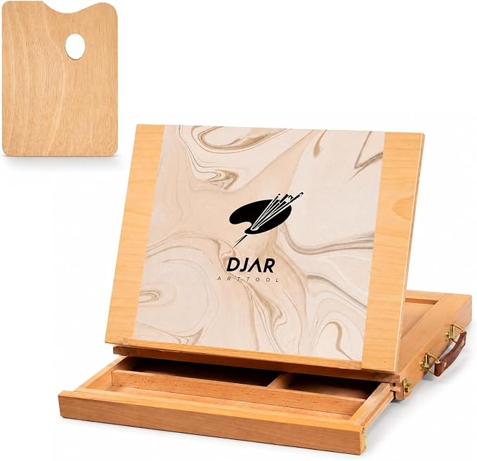 DJAR Tabletop Sketchbox Art Easel with Storage & Palette, Solid Beechwood | Hold Canvas up to 11" x 14", Compact Adjustable & Portable Stand for Painting, Sketching, Drawing and Art Supplies Storage