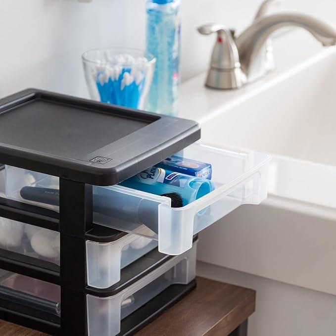 IRIS USA 4-Pack, 3-Drawer Small Plastic Stacking Desktop Organizer, Black