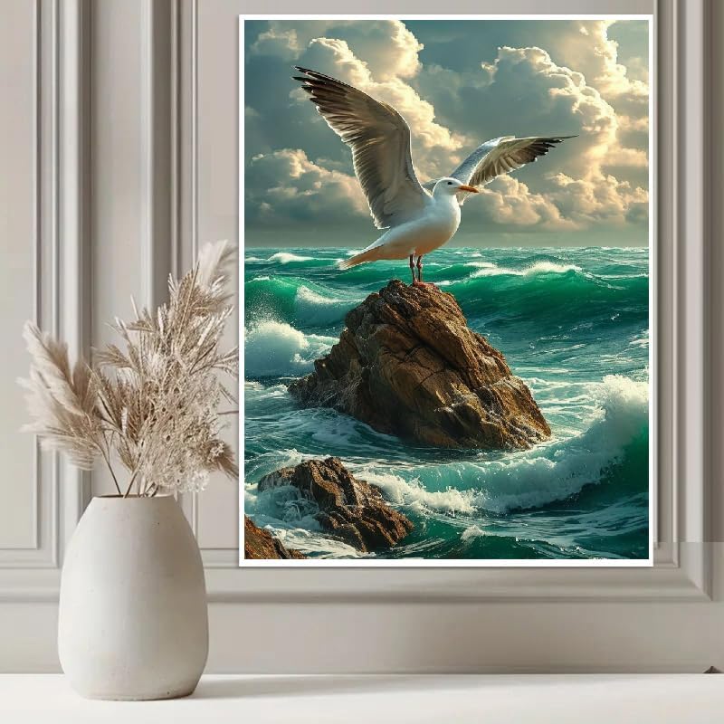 KYOQFVN Seagull Diamond Painting Kits for Adults, 5D Sea Diamond Art Full Round Drill for Adults, DIY Paint with Diamonds Crafts for Home Wall Decoration 12×16Inch, Bird