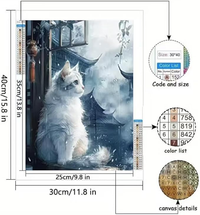 YUXUANKANG Diamond Painting Kit, White Cat by Window, 12x16 Inch, Resin Drills, DIY Craft Activity for Adults