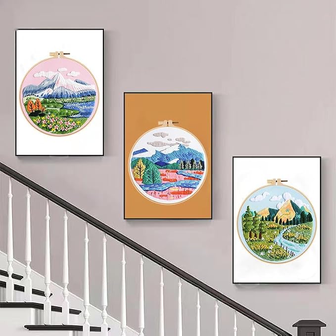 Konrisa 3 Pcs Landscape Embroidery Kits, Mountain Flower Village Pattern Cross Stitch Kit, DIY Sewing Practice Kits for Adults Home Decoration,Include Embroidery Cloth Threads and Needles,1pc Hoops