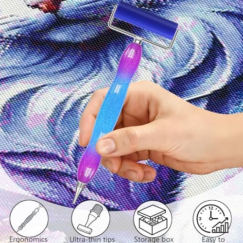 ZYNYXY 17PCS Ergonomic Diamond Art Pen Kits, with Multifunctional Metal Stainless Steel Screw Thin 1, 3, 6, 9, Tips, Correction Placers Roller Accessories(E-BluePurple+Blue+White+ 5 PCS Tips)