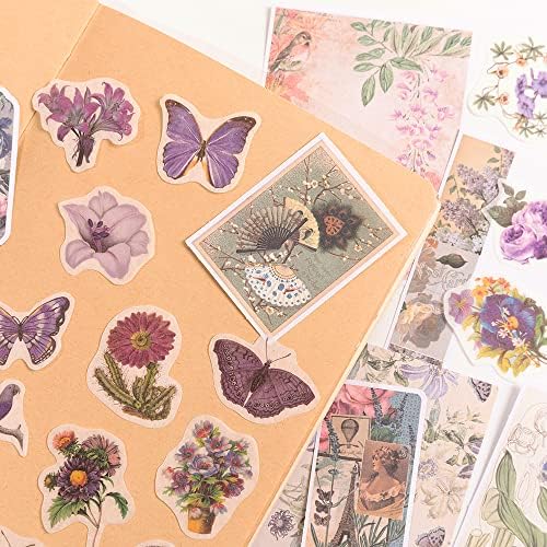 Alideco 200pcs Vintage Scrapbook Stickers Kawaii Purple Floral Scrapbooking Paper Washi Junk Journaling Supplies Collage Album Aesthetic Cottagecore Picture Frames(Butterfly)
