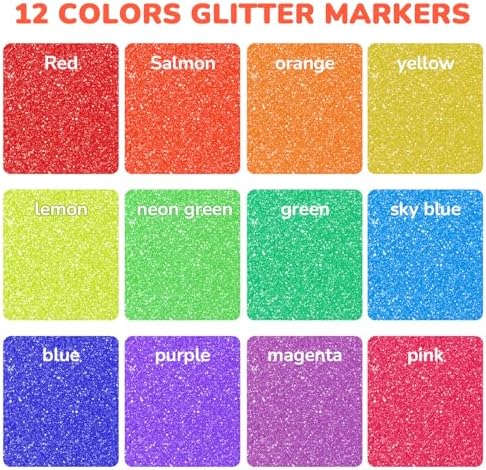 JoyCat 12-Color Glitter Markers for Kids, 3mm Paint Pens, High-Capacity Ink