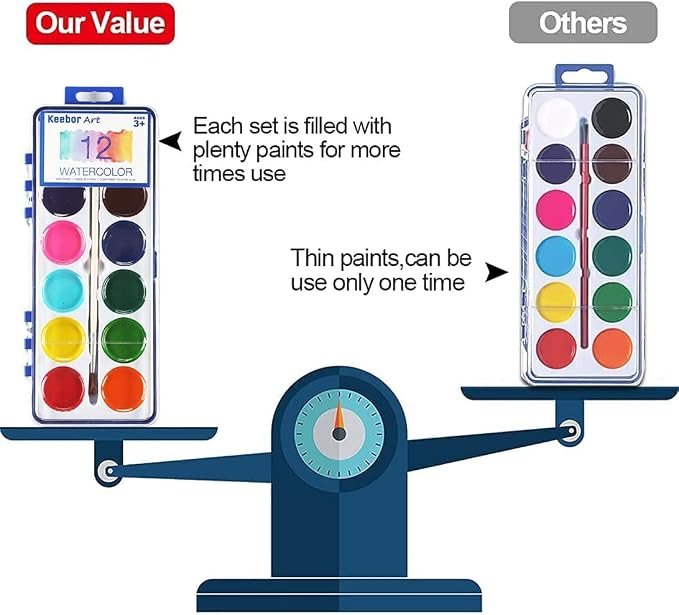 Watercolor Paint Set for Kids, 12 Colors, 24 Pack Washable Water Colors for Party Favors, Gifts, Classroom Supplies (Wood Brushes Included) | Washable Water Colors for Party Favors, Gifts, Classroom Supplies (Wood Brushes Included)