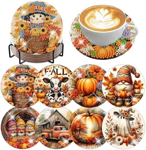 ijbnhd 8 Pcs Diamond Art Coasters Kits Autumn (Cork Wooden Pad)