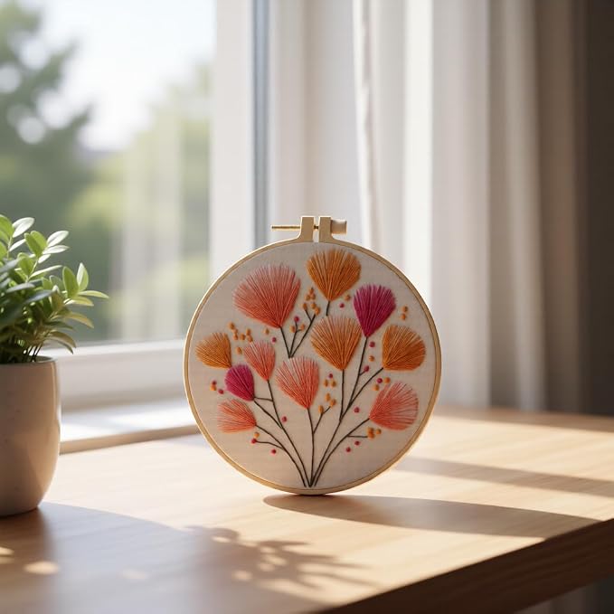 JJFox Embroidery Kit for Beginners and Adults, DIY Hand Embroidery Starter Kit with Cute Pattern, Cross Stitch Needlepoint Set with Hoop, Threads and Instructions (Flower-2)