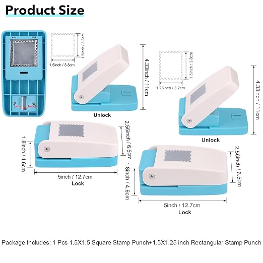 2 Pcs Stamp Punch, 1.5X1.2 Inch Rectangle & 1.5 Inch Square Stamp Hole Puncher Big, Stamps Paper Punch Large, Postage Stamps Cutter Hole Puncher, Paper Punches for Crafting Scrapbooking, Card Making