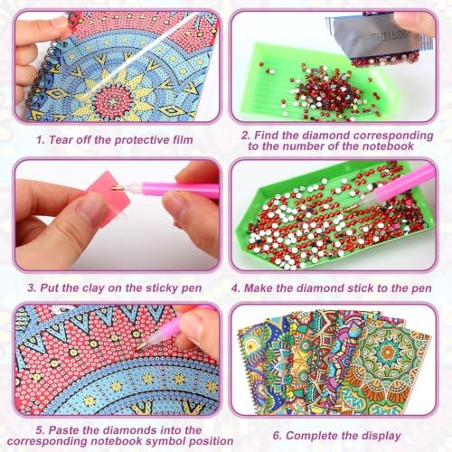 Fullhawl 12 Pack 5D DIY Diamond Art Crafts Kit for Adults Office Supplies Beginner A5 Leather Diamond Painting Gift for Women Art Cover Craft Accessories with Tool (Mandala)