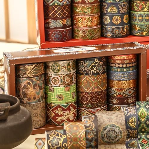 20 Rolls Chinese Style Washi Tape Set, Ancient Palace Pattern Decorative Masking Tapes with Gold Foil, Various Sizes for Craft, Scrapbook, DIY, Gift Wrapping (12-Golden Phoenix Court)