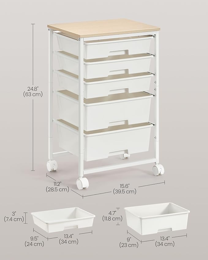 VASAGLE Rolling Cart with Drawers,5 Drawers Storage Cart, White
