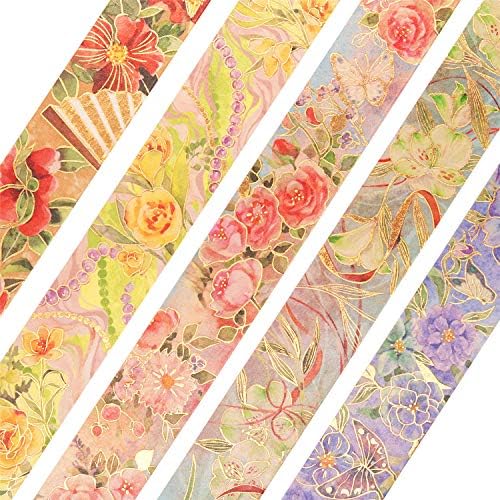YUBBAEX Blooming Washi Tape Set Gold Foil Masking Tape Peony Wide Decorative for Arts, DIY Crafts, Journal Supplies, Planners, Scrapbook, Card/Gift Wrapping -25mm- (Red Flowers)