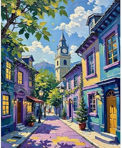 Paint by Numbers Kit for Adults - Colorful Town Street with Clock Tower, DIY Paint by Number, Oil Painting Style Canvas, Adults Paint by Number Kits for Home Wall Art
