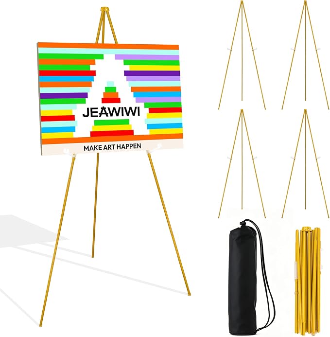 JEAWIWI 5 Pcs Lightweight Easel Stand, 66 Inch, Gold, with Portable Bags | Adjustable Folding Metal Easel Stand for Wedding Sign, Display Show, Art Show, Poster Display