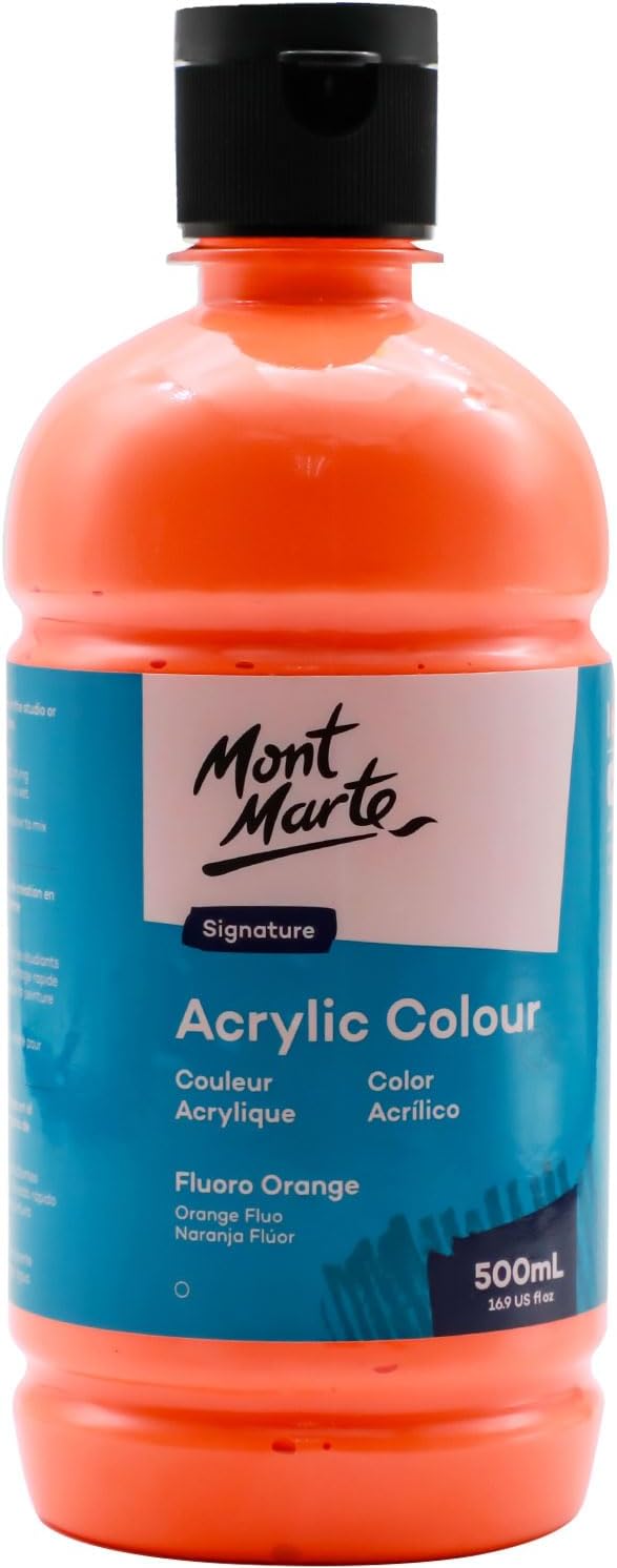 Mont Marte Signature Fluoro Orange Acrylic Paint, 16.9oz (500ml), Semi-Matte Finish, 12 Colors, Suitable for Canvas, Wood, Fabric, Leather, Cardboard, Paper, MDF and Crafts