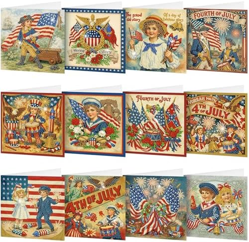 Saillong 12 Pack Vintage 4th of July Diamond Painting Greeting Card Kits Patriotic Diamond Art Cards with Envelopes Retro Red White Blue 5D Rhinestones Painting Making Kits for Adults DIY Craft Gifts
