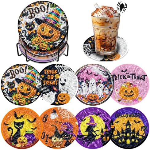 Halloween Diamond Art Coaster Kit with Holder, 8PCS Spooky Diamond Painting
