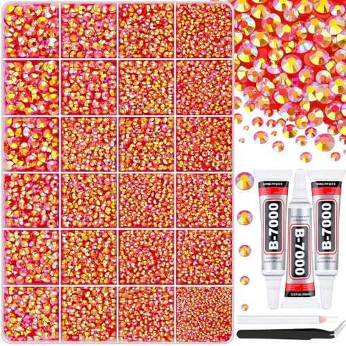 30000Pcs Red AB Rhinestones for Bedazzling with B7000 Jewelry Glue, Bedazzler Kit Bulk Flatback Gems, Resin Rhinestones for Crafting Crafts Clothing Shoes Fabric Nail Art Assorted Size 2/3/4/5/6mm