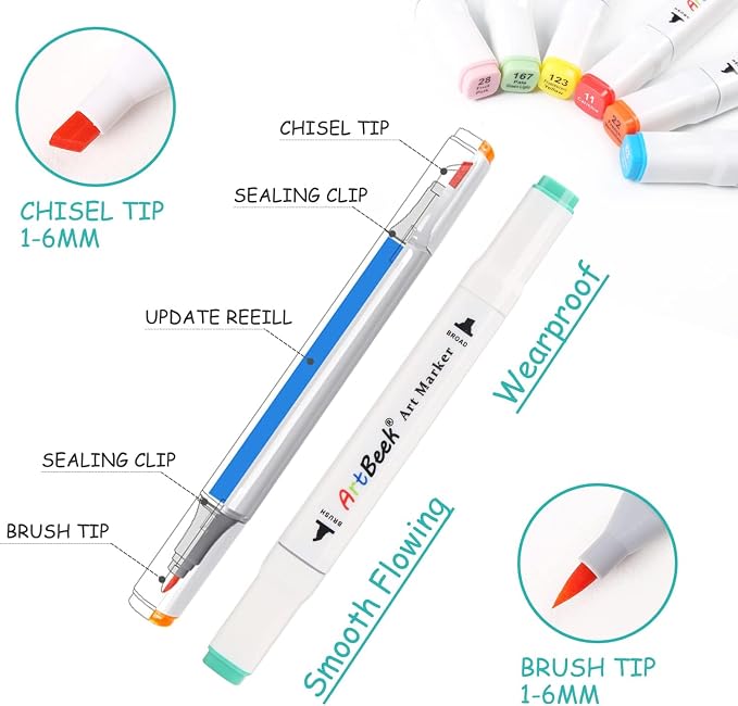 ArtBeek Alcohol Markers Brush Tip, 120 Coloring Markers for Adult Coloring Books No Bleeding, Dual Tip (Brush & Fine Tip)