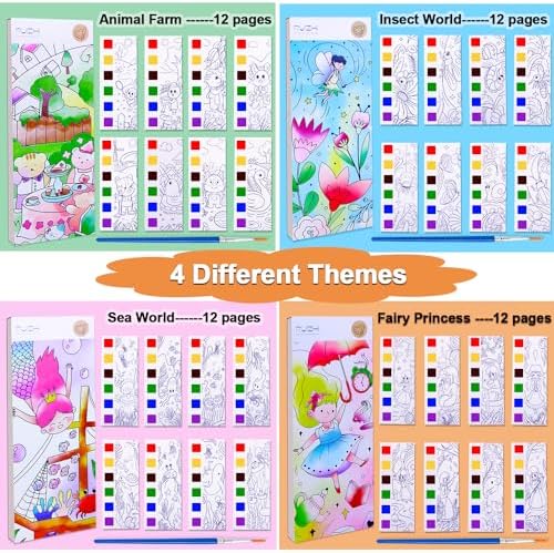 JUNQIU 4Pack Paint with Water Books for Kids Ages 4-8, Mess Free Coloring for Toddlers, Watercolor Coloring Books, Easter Basket Stuffers For Girls Boys, Stocking Stuffers For Kids
