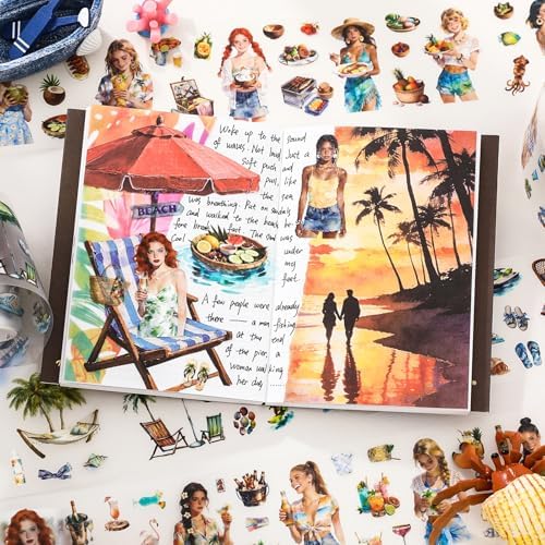 4 Rolls Summer Beach PET Tapes Pre-Cut Tape People Stickers | Transparent journaling Tape Sticker Sticker Rolls for Scrapbook Tape Decorative